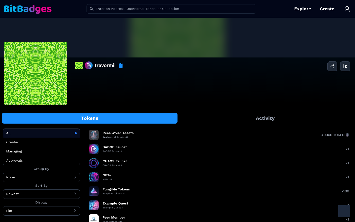 An account page on the Tokens tab with the All, Created, Managing, and Approvals filters and a list of balances