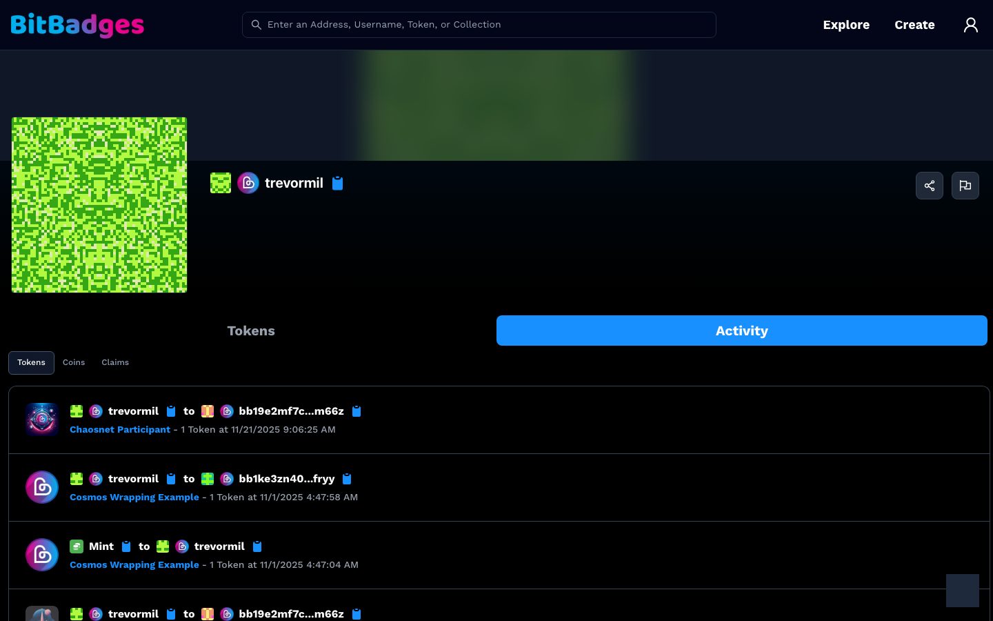 The Activity tab on Tokens, listing transfers with sender, recipient, collection, amount, and time