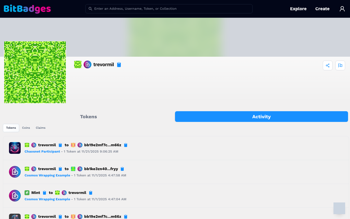 The Activity tab on Tokens, listing transfers with sender, recipient, collection, amount, and time