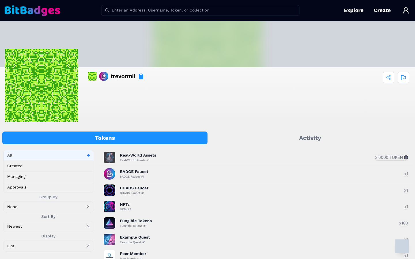 An account page on the Tokens tab with the All, Created, Managing, and Approvals filters and a list of balances