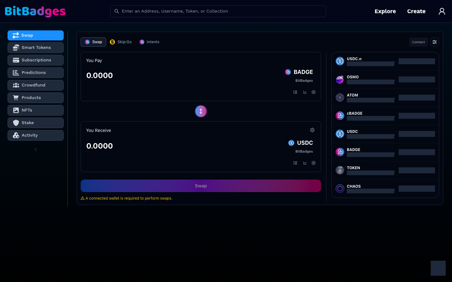 The browse page with the category sidebar and the Swap panel open