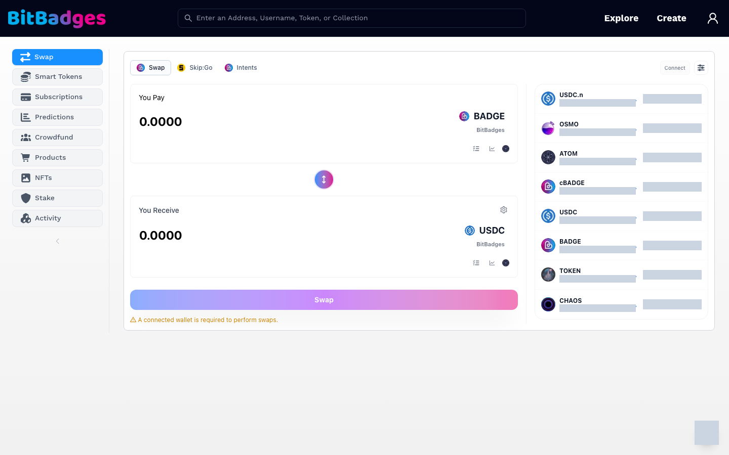 The browse page with the category sidebar and the Swap panel open