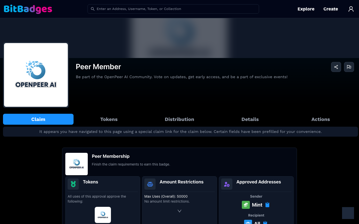 The Peer Member collection opened from a claim link, with the Claim tab selected and the approval card