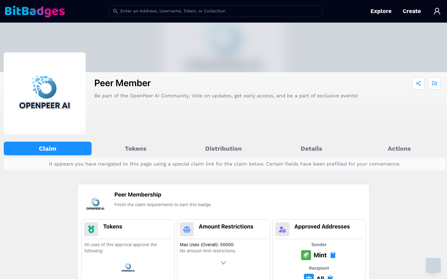 The Peer Member collection opened from a claim link, with the Claim tab selected and the approval card