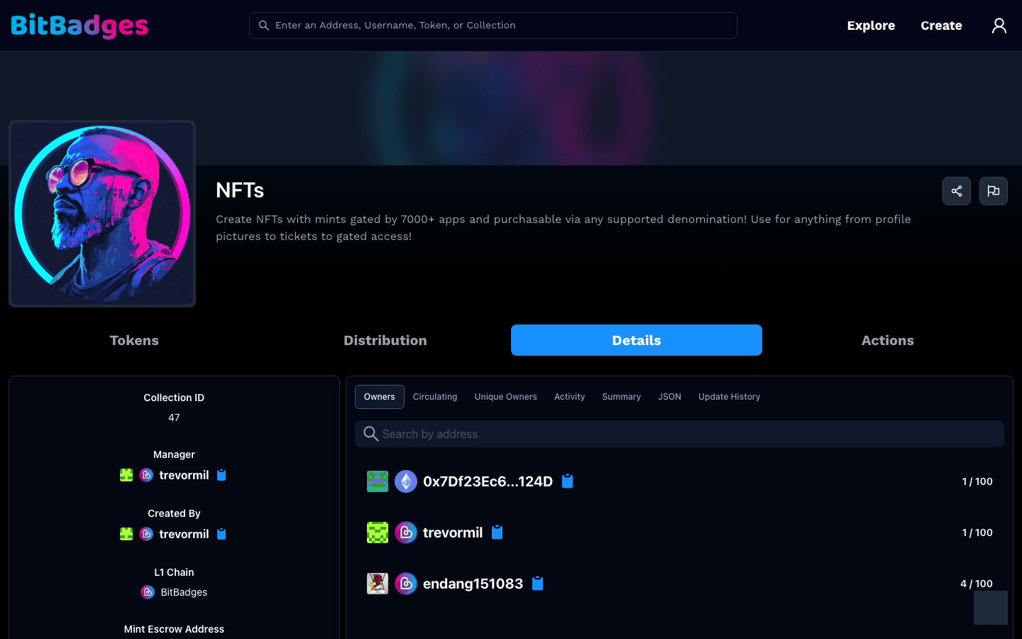 The Details tab with the manager and creator on the left and the Owners sub-tab listing holders and their balances on the right
