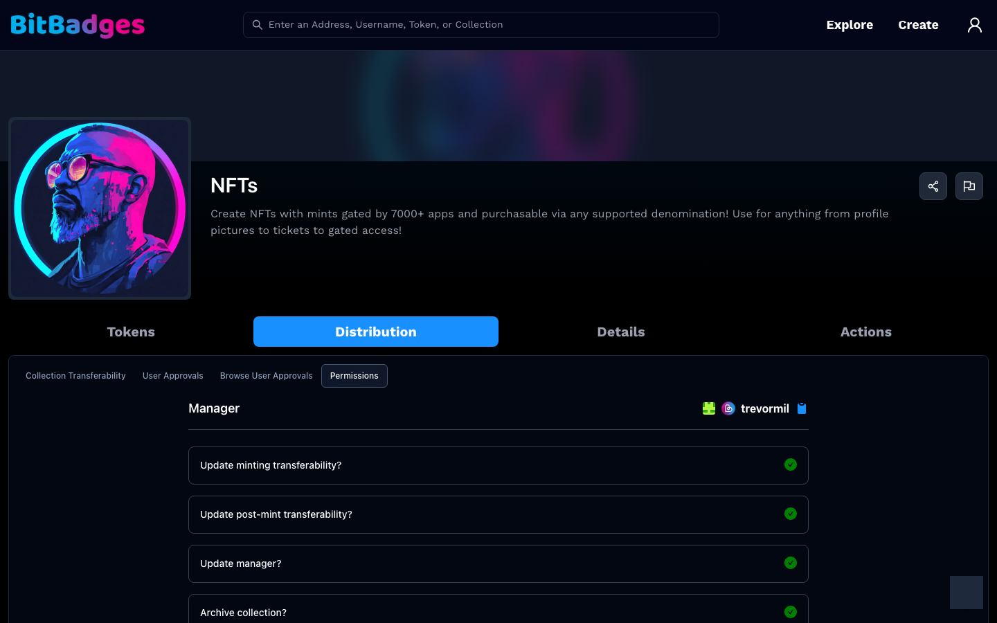 The Permissions sub-tab listing manager permissions, each with a green check