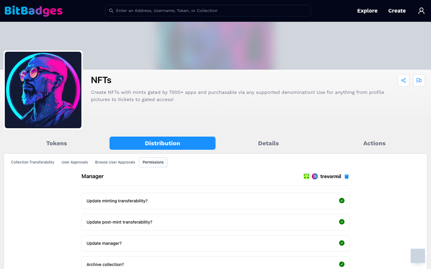 The Permissions sub-tab listing manager permissions, each with a green check