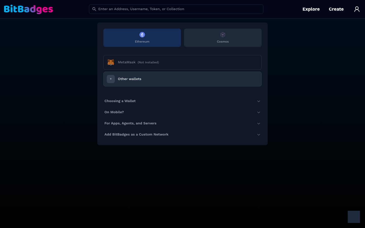 The connect page with the Ethereum and Cosmos wallet tabs, MetaMask listed, and Other wallets