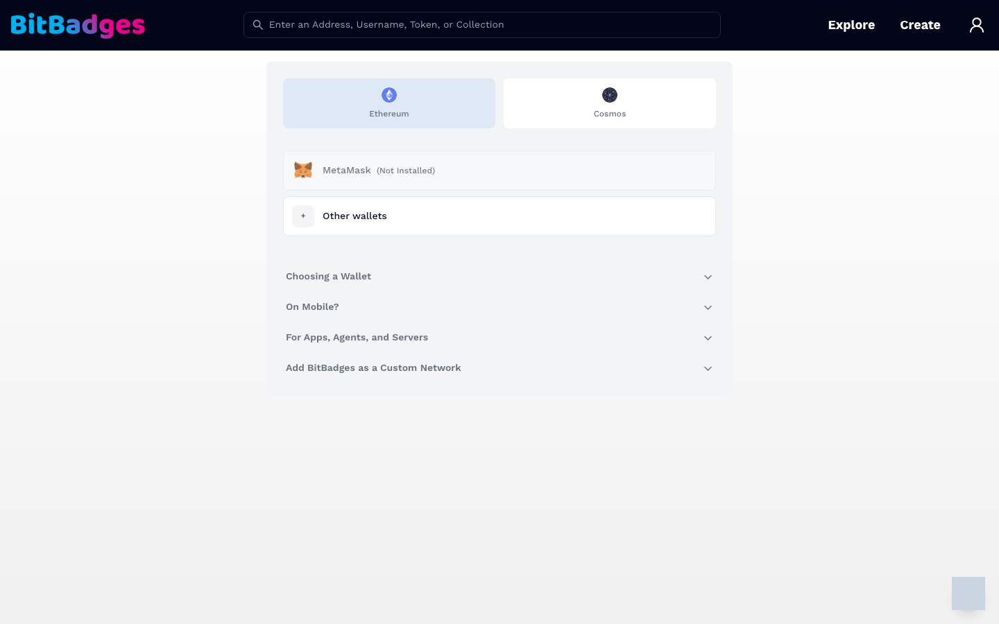 The connect page with the Ethereum and Cosmos wallet tabs, MetaMask listed, and Other wallets