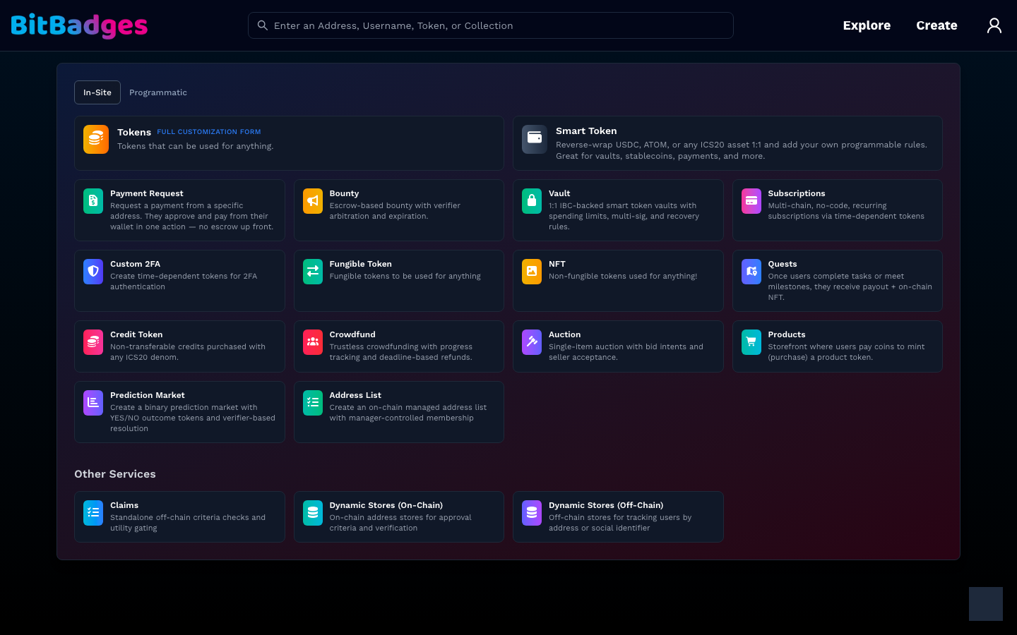 The Create tab on In-Site, showing the grid of template forms and the Other Services row