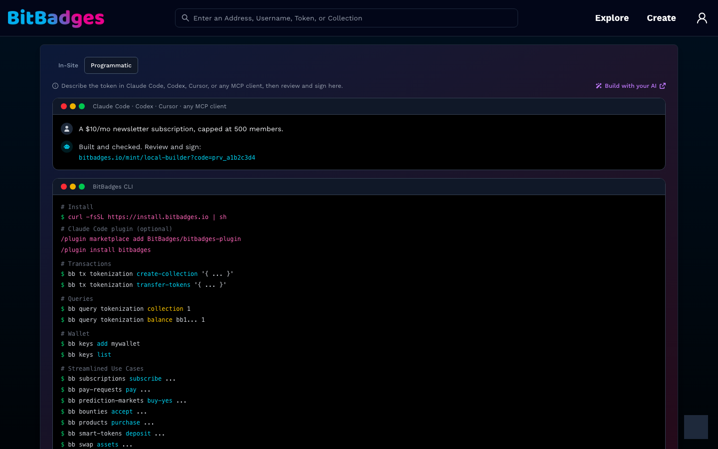 The Create tab on Programmatic, showing the AI conversation example and the CLI cheat sheet