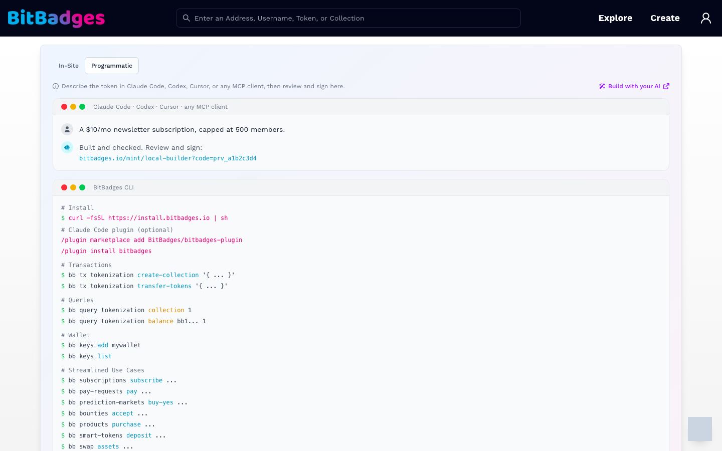 The Create tab on Programmatic, showing the AI conversation example and the CLI cheat sheet