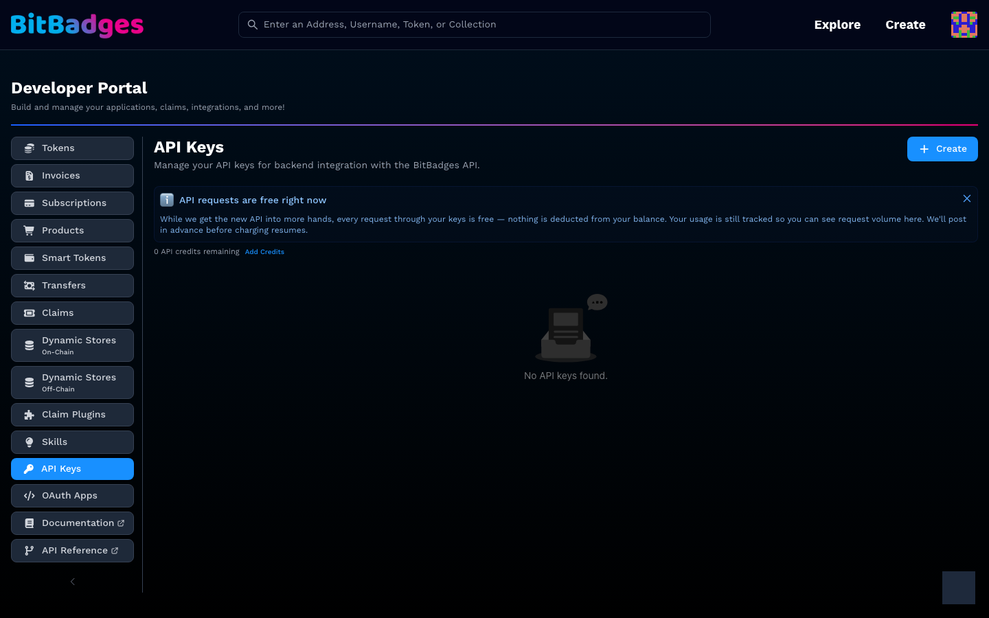 The API Keys section with the free-requests notice, the credit balance, and an empty key list