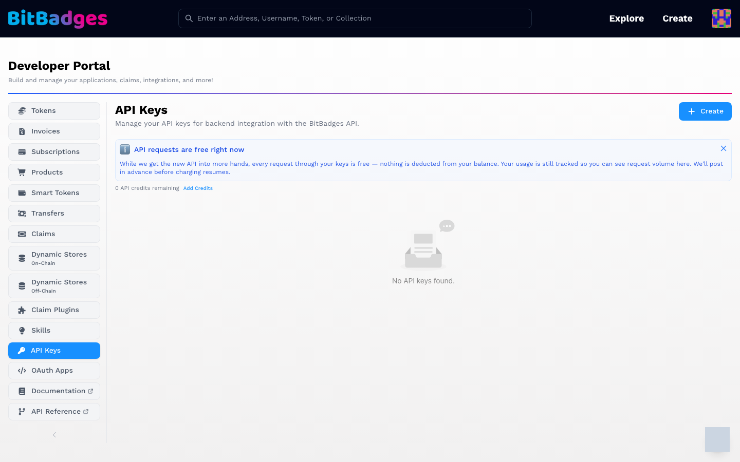 The API Keys section with the free-requests notice, the credit balance, and an empty key list