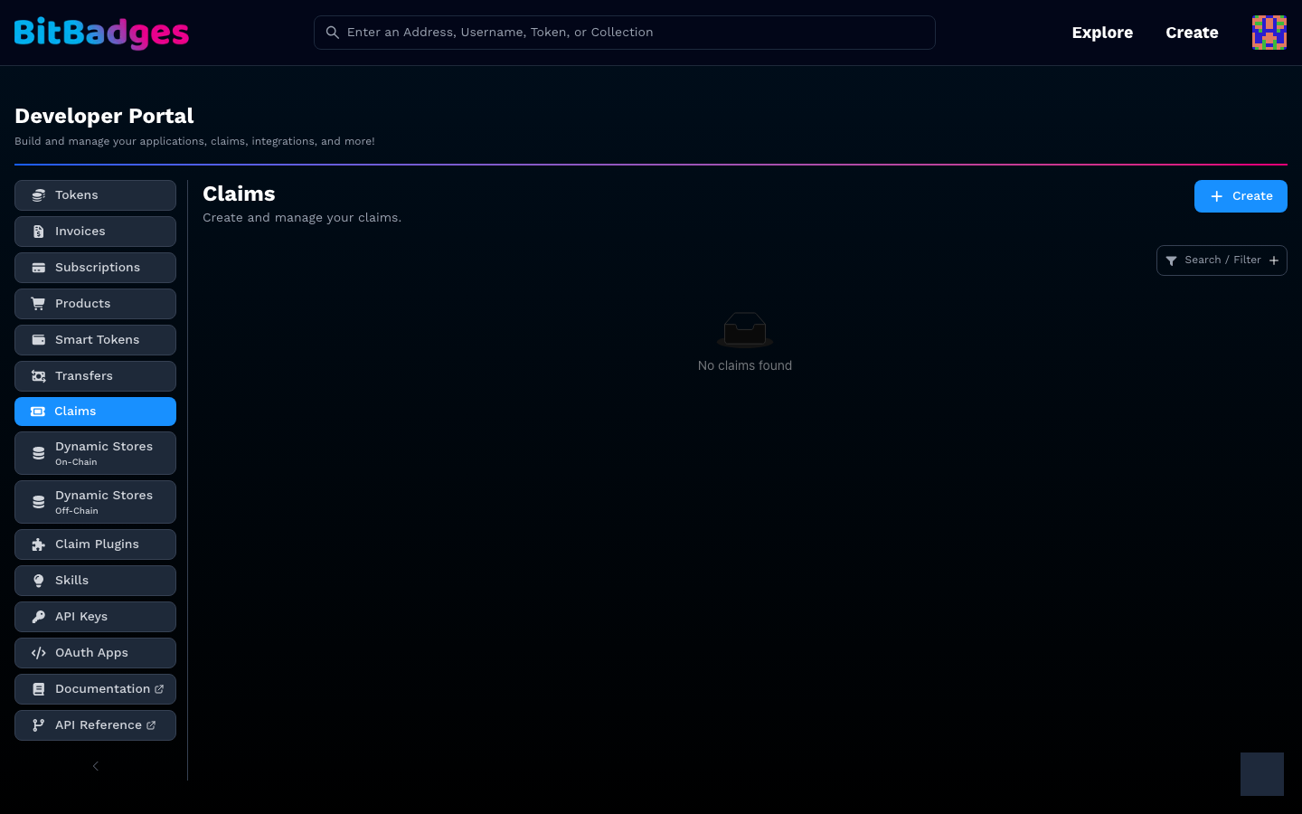 The Claims section of the Developer Portal with its Create button