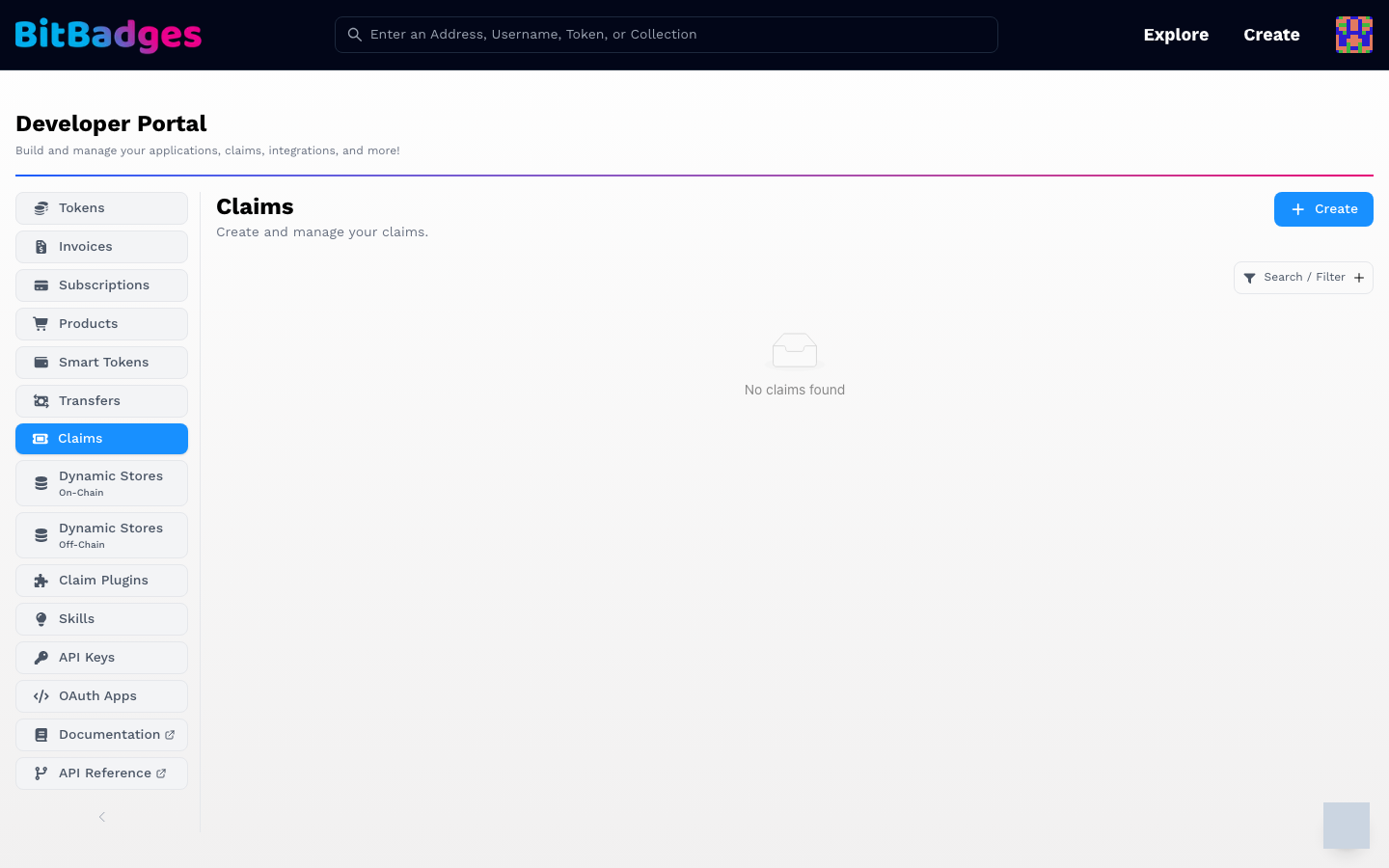 The Claims section of the Developer Portal with its Create button