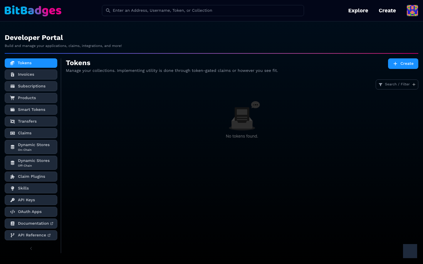 The Developer Portal on the Tokens section, with the section sidebar on the left and an empty token list