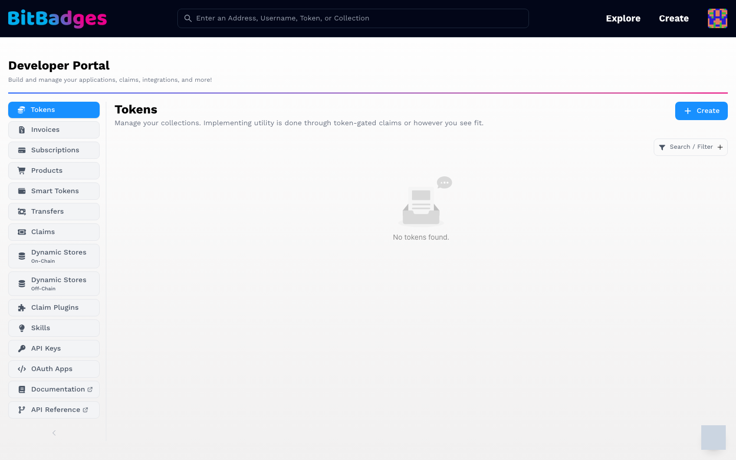 The Developer Portal on the Tokens section, with the section sidebar on the left and an empty token list