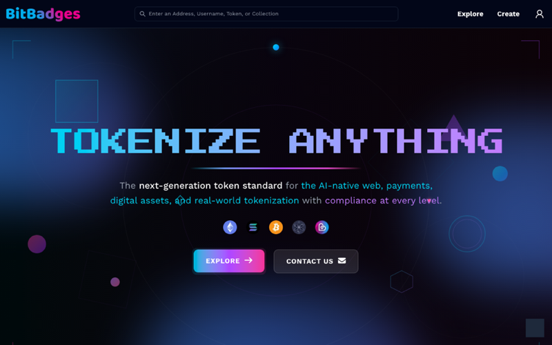 The bitbadges.io home page with the search bar, Explore and Create links, and the account icon