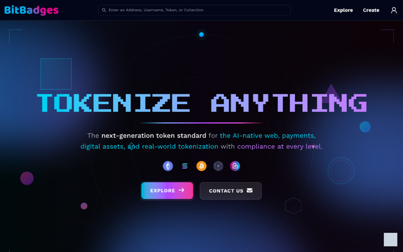 The bitbadges.io home page with the search bar, Explore and Create links, and the account icon