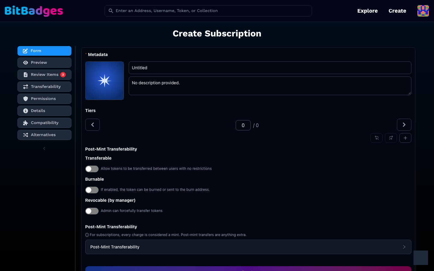 The Create Subscription form with the step sidebar on the left and the Metadata, Tiers, and Post-Mint Transferability fields