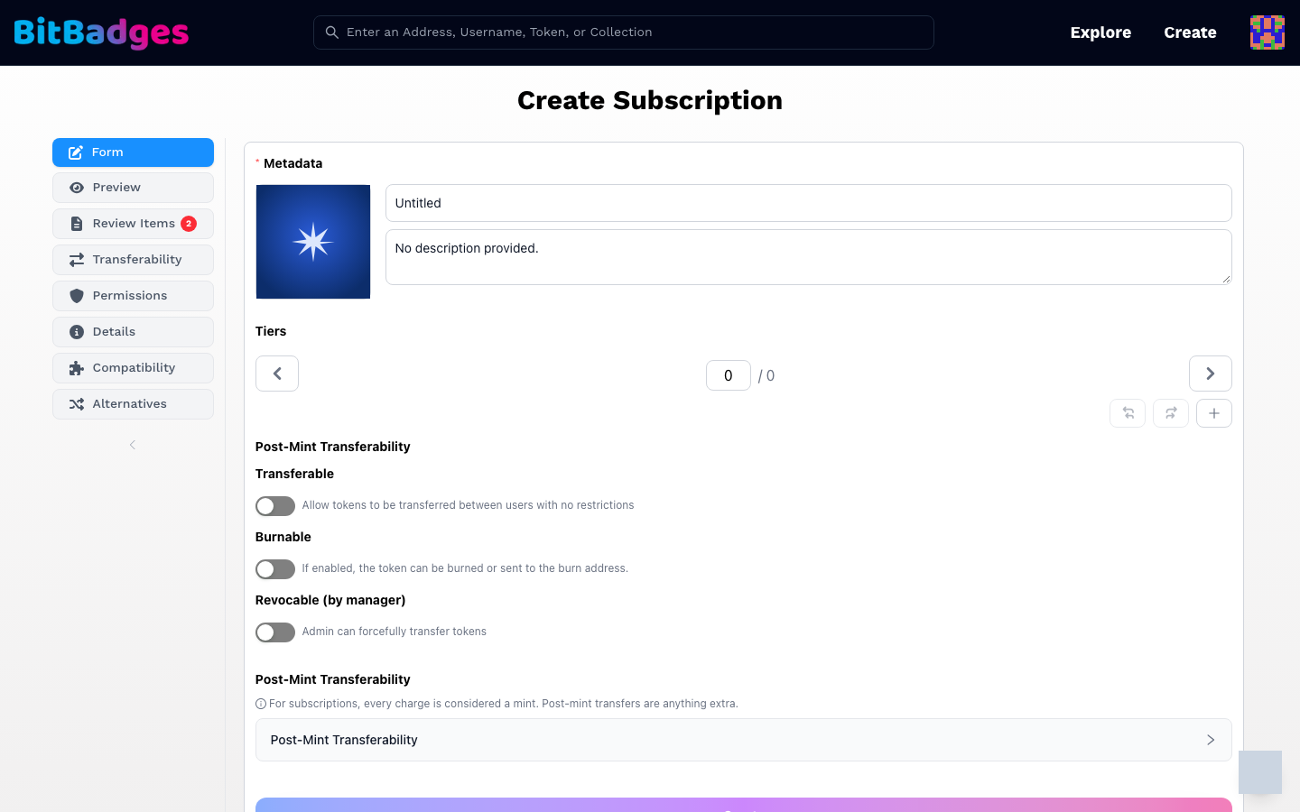 The Create Subscription form with the step sidebar on the left and the Metadata, Tiers, and Post-Mint Transferability fields