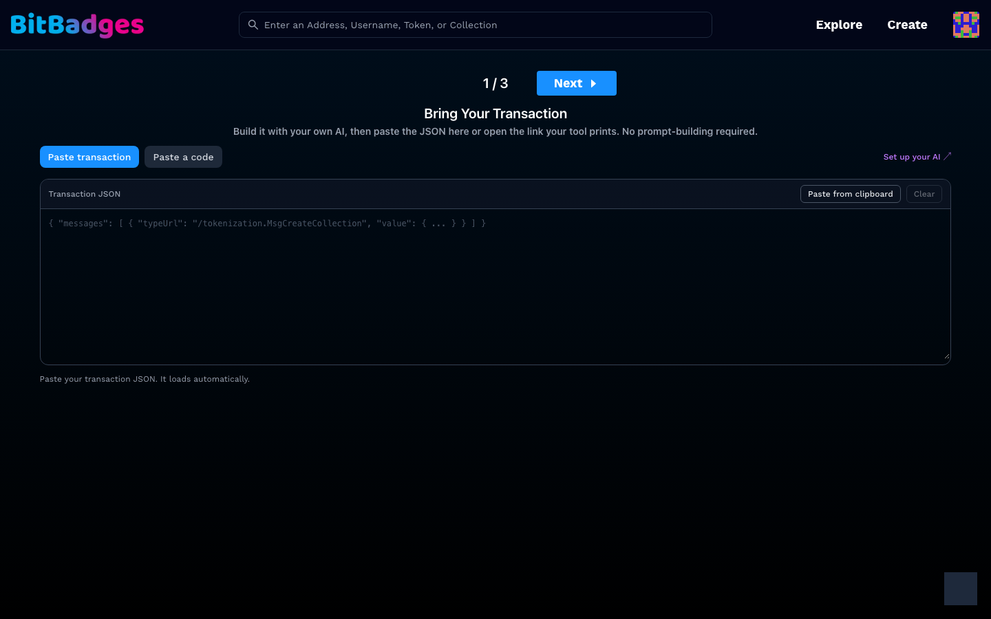 Step 1 of the review page, Bring your transaction, with the Paste transaction and Paste a code tabs