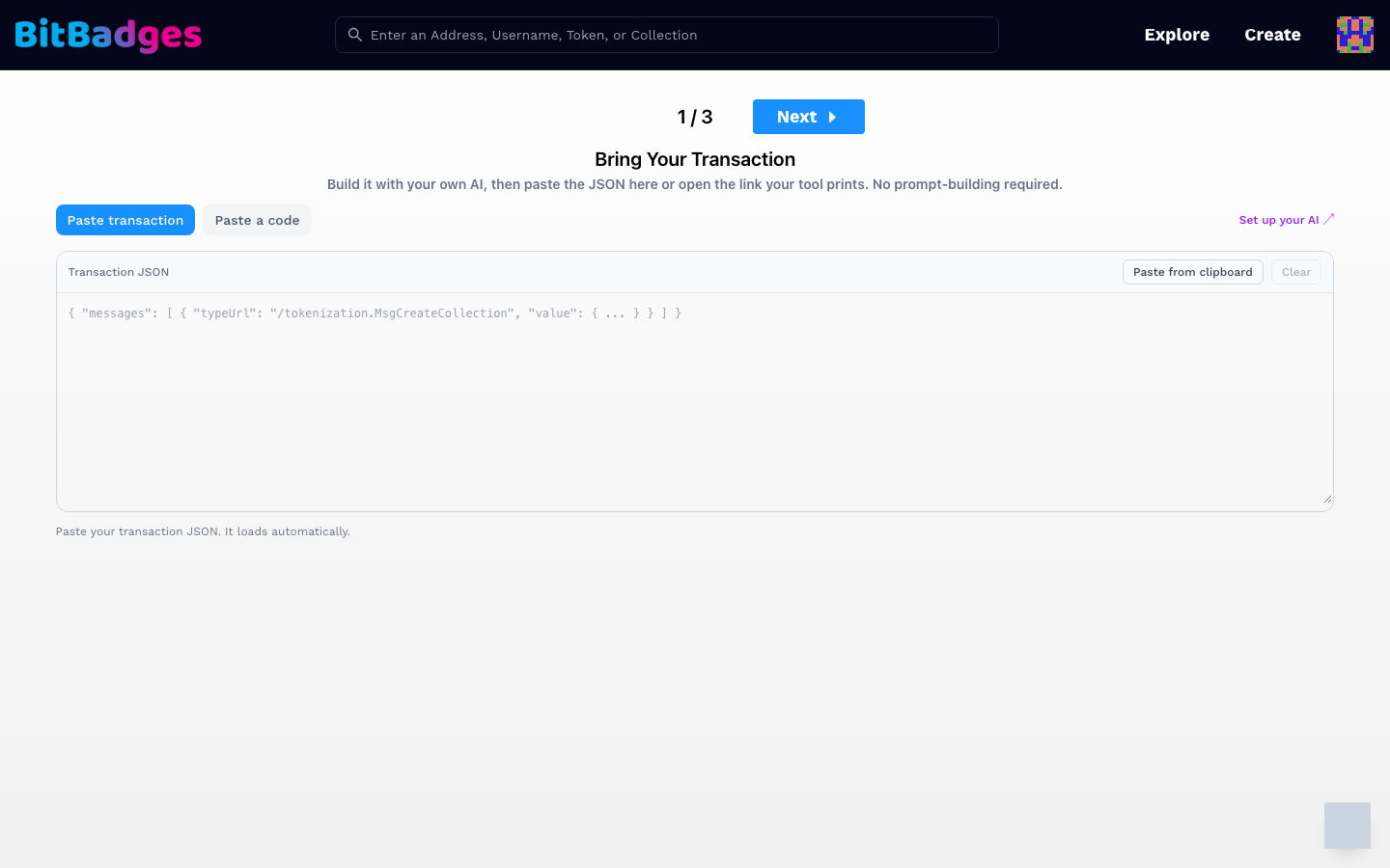 Step 1 of the review page, Bring your transaction, with the Paste transaction and Paste a code tabs