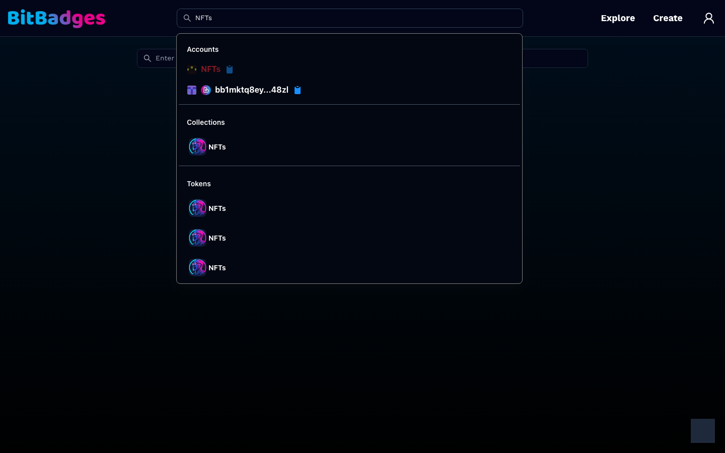 Search results for the query "NFTs" grouped into Accounts, Collections, and Tokens