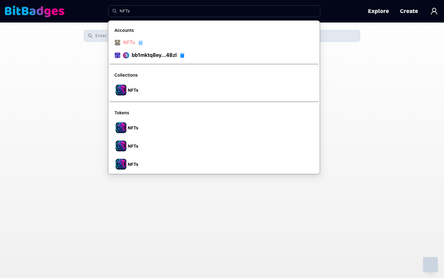 Search results for the query "NFTs" grouped into Accounts, Collections, and Tokens